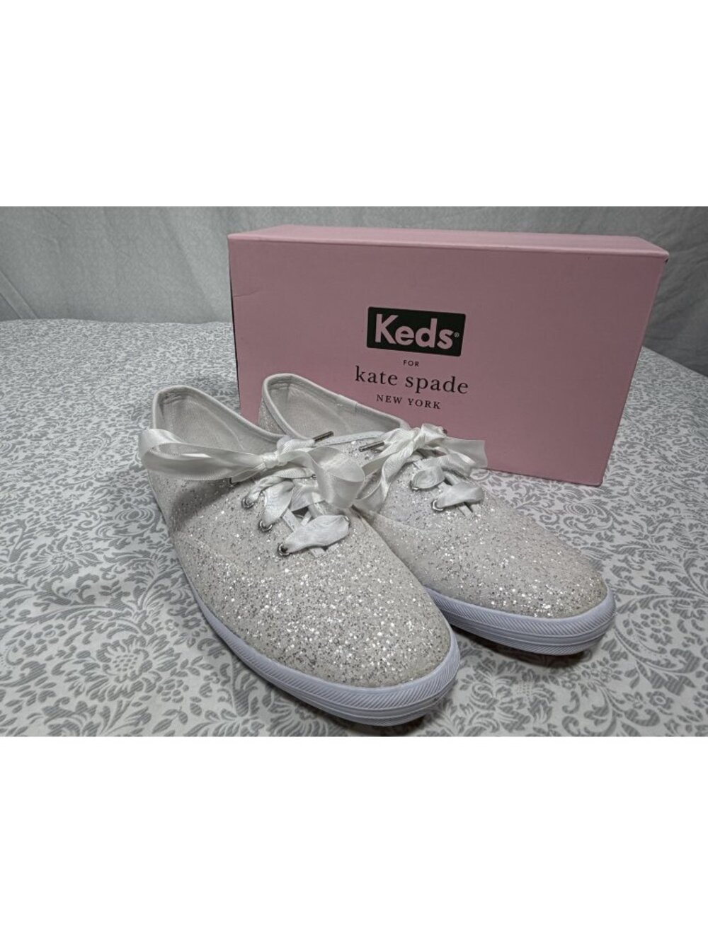 Keds x Kate Spade Glitter Shoes Womens 9.5 White Silver Bridal Wedding Sneakers